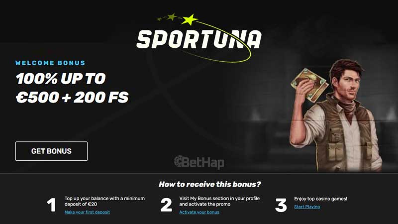 Sportuna Casino Welcome Bonus 100% up to 500 EUR + 200 FS