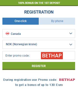 1xBet registration - promo code