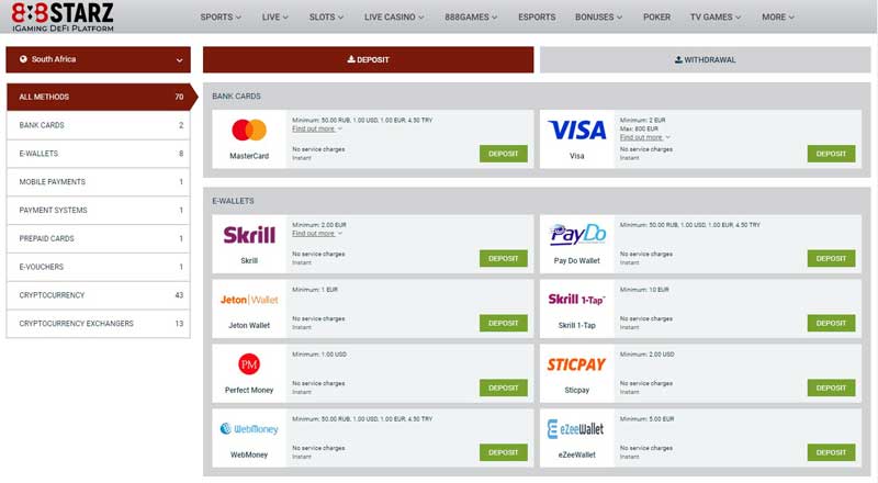 888starz Payment Methods