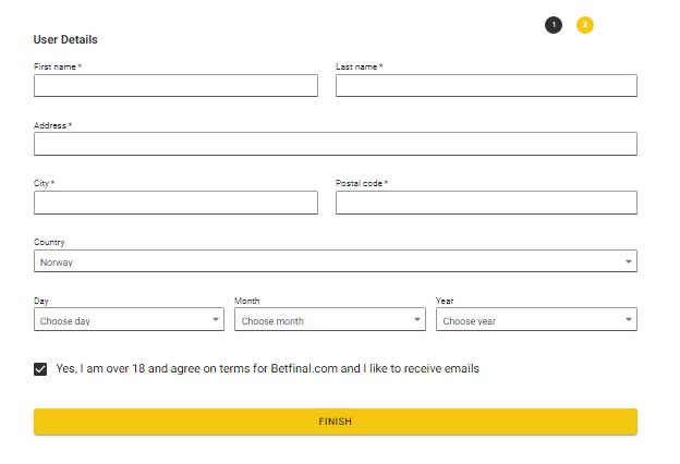 Betfinal register step 2