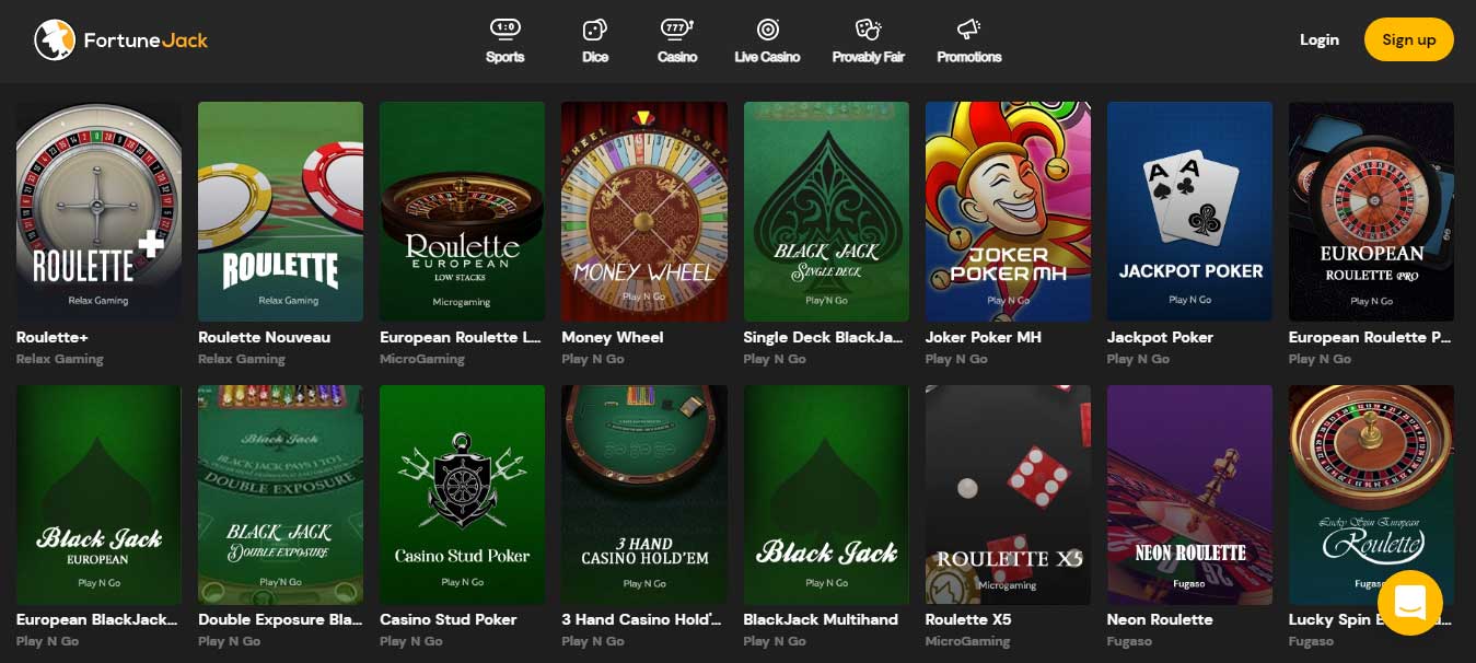 FortuneJack Casino Видове игри