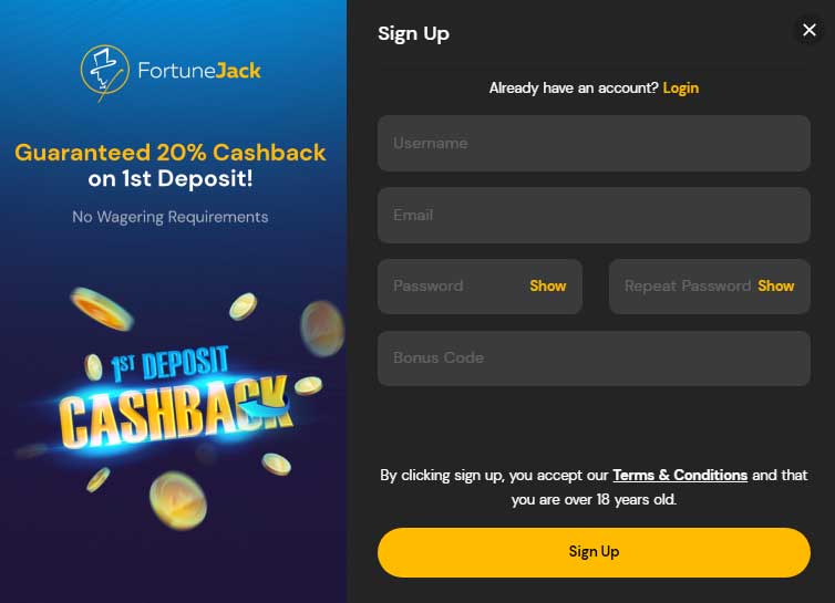 Fortunejack registration - Step 1