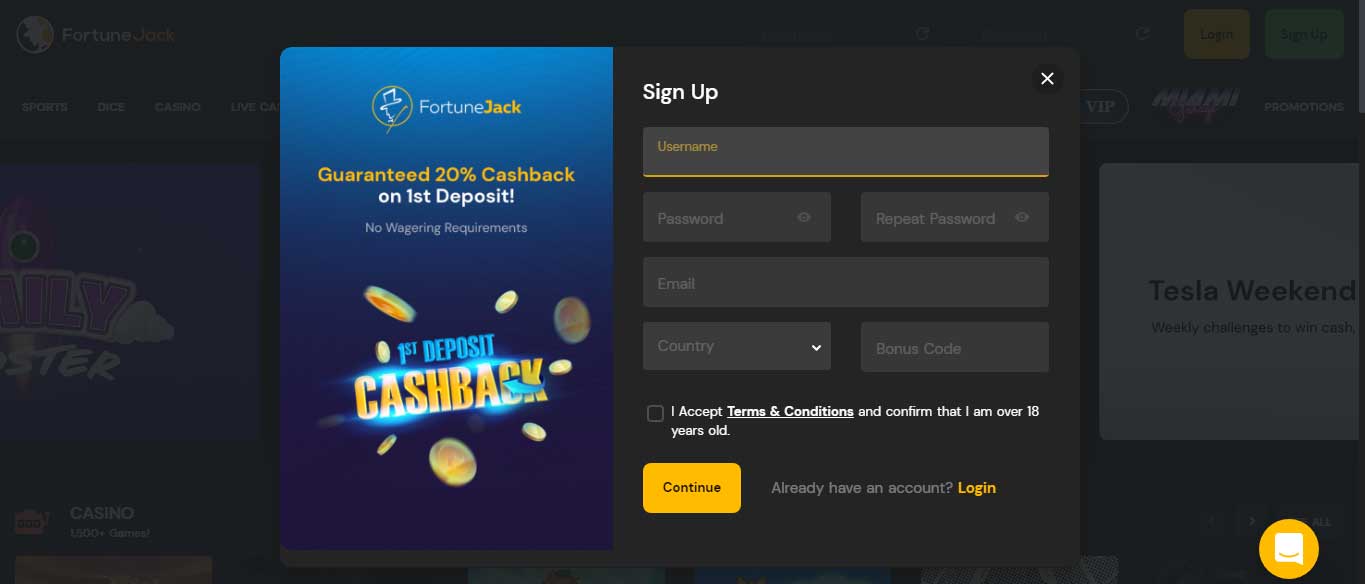 Регистрация в FortuneJack