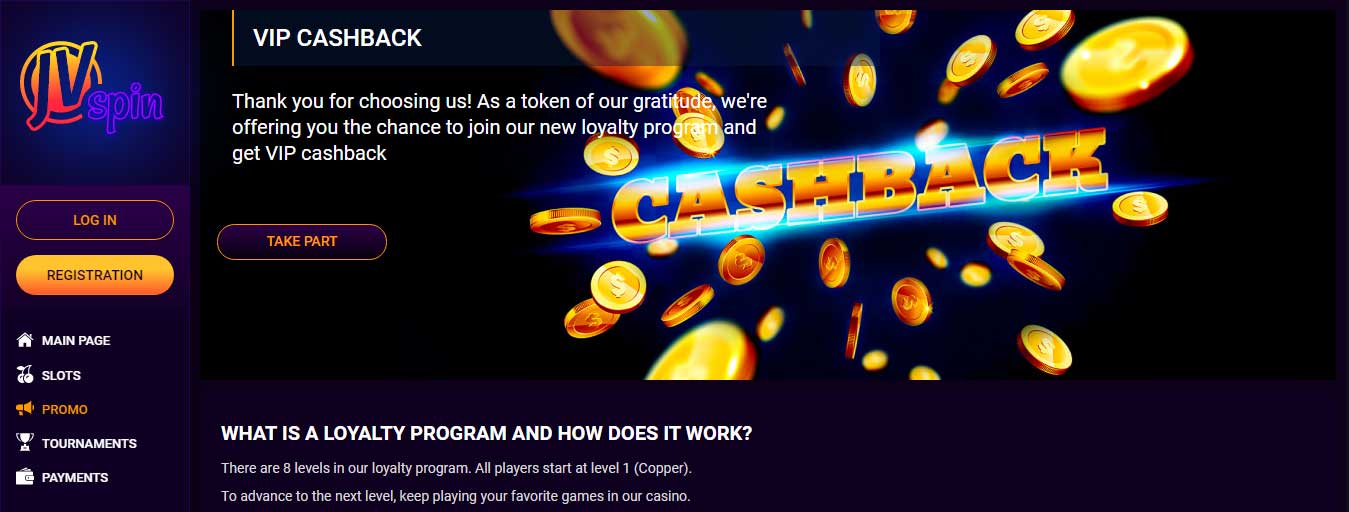 JVSpin Bonuses: VIP Cashback