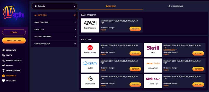 JVSpin Payment Methods