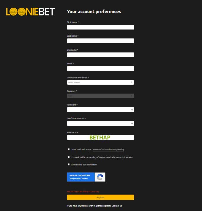 LoonieBet Registration - Bonus code
