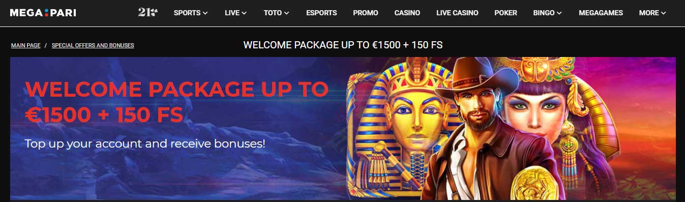Megapari - Welcome Package up to 1500 euro + 150 FS