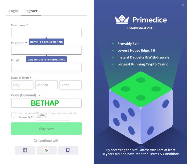 Primedice Registration - Step by step