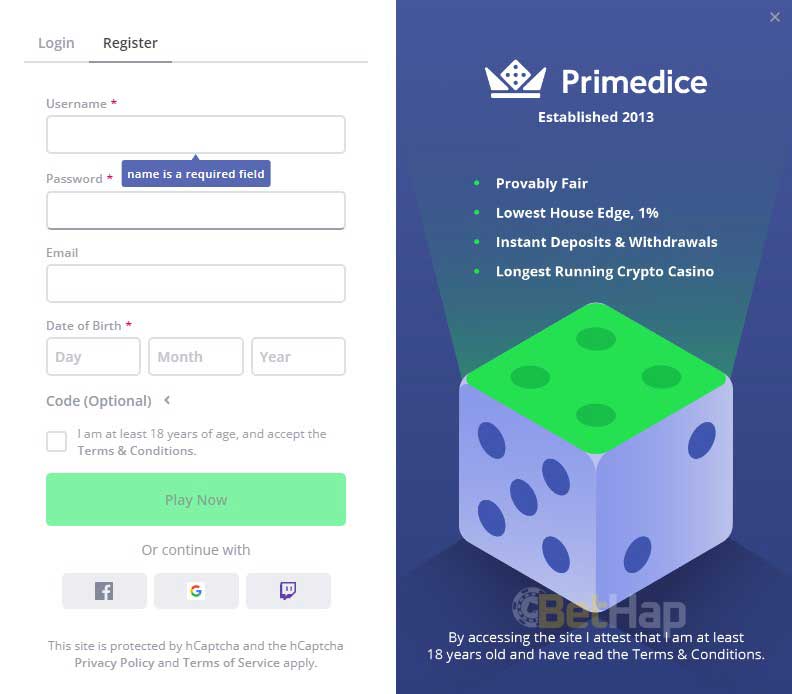 Primedice Registration Process