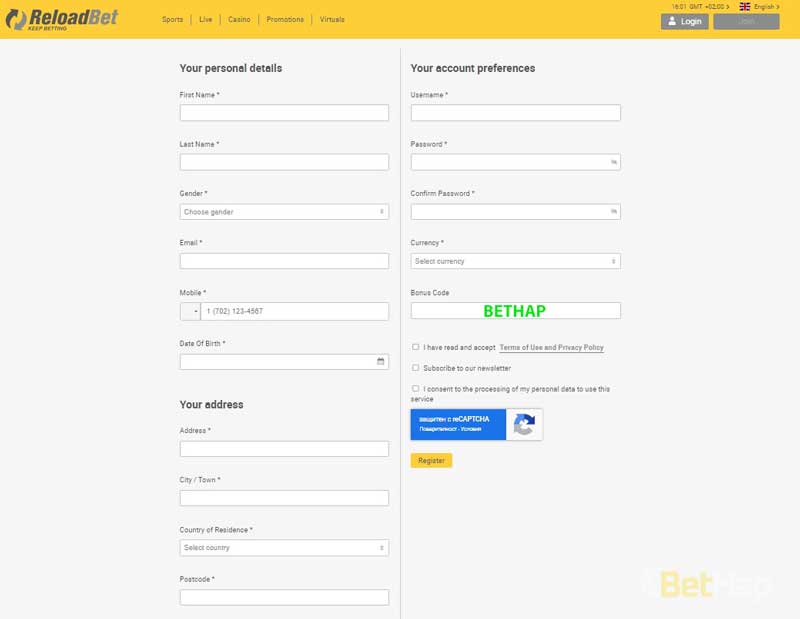 ReloadBet Registration - Bonus code