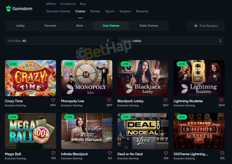 Gamdom Live Casino Games