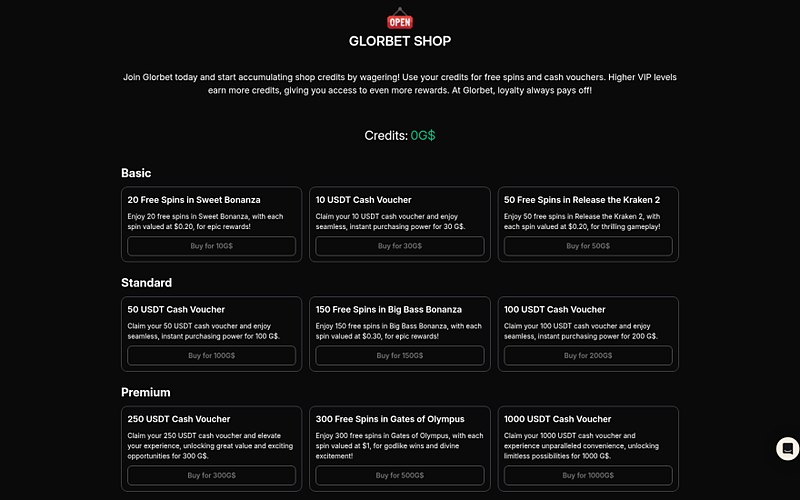 Glorbet Shop Credits and Items