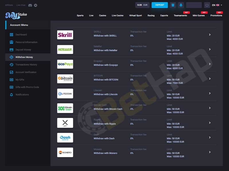 MyStake Casino Payment Methods