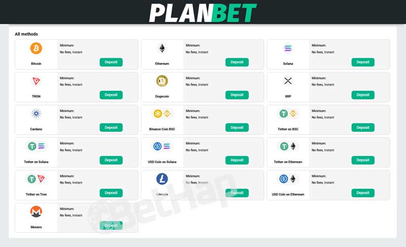Planbet Casino Payment Methods