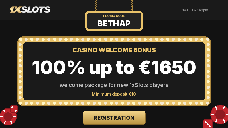 1xSlots casino welcome bonus 100% up to &euro;1650 with promo code BETHAP
