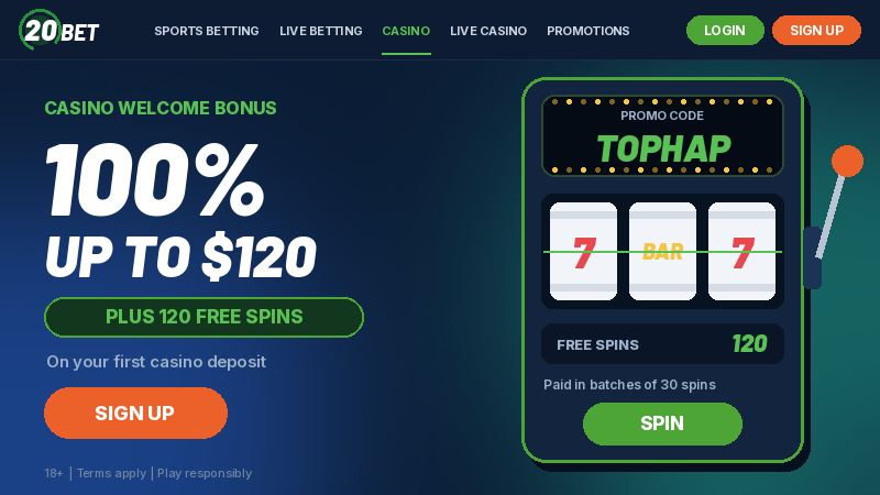 20Bet casino welcome bonus, 100% up to $120 plus 120 free spins with promo code TOPHAP