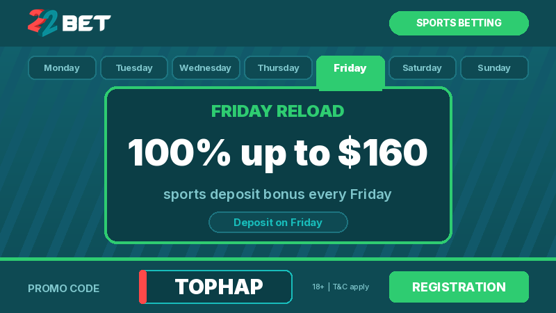 22Bet Friday Reload bonus 100% up to $160 with promo code TOPHAP