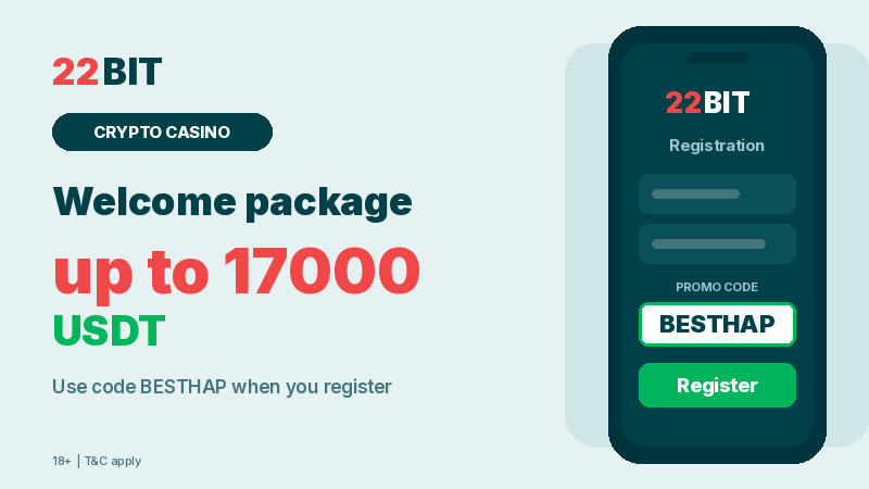 22Bit crypto casino welcome package up to 17000 USDT with promo code BESTHAP