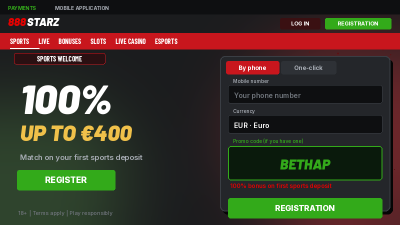 888starz sports welcome bonus, 100% up to EUR 400 with promo code BETHAP
