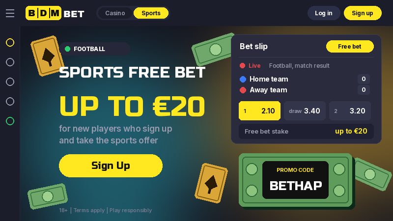 BDMbet sports free bet up to €20 with promo code BETHAP