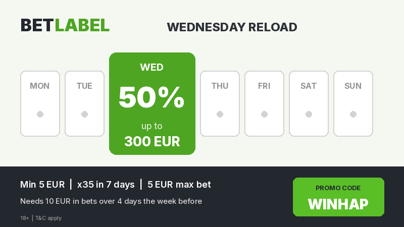 BetLabel Wednesday reload 50% up to 300 EUR with promo code WINHAP
