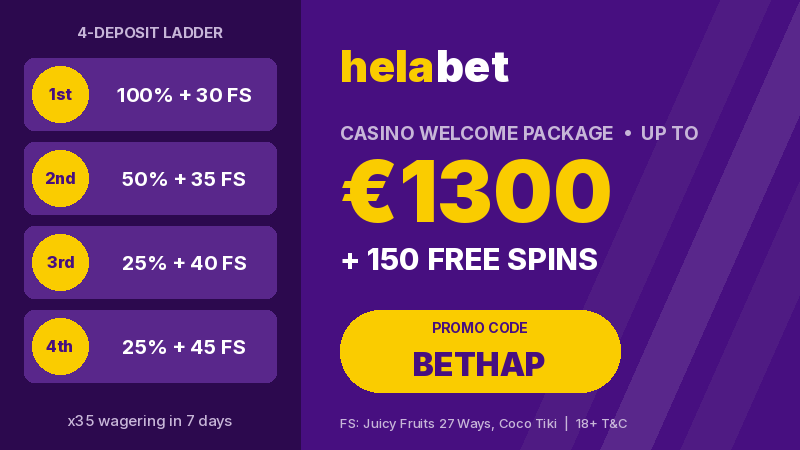 Helabet casino welcome up to 1300 EUR and 150 free spins with BETHAP