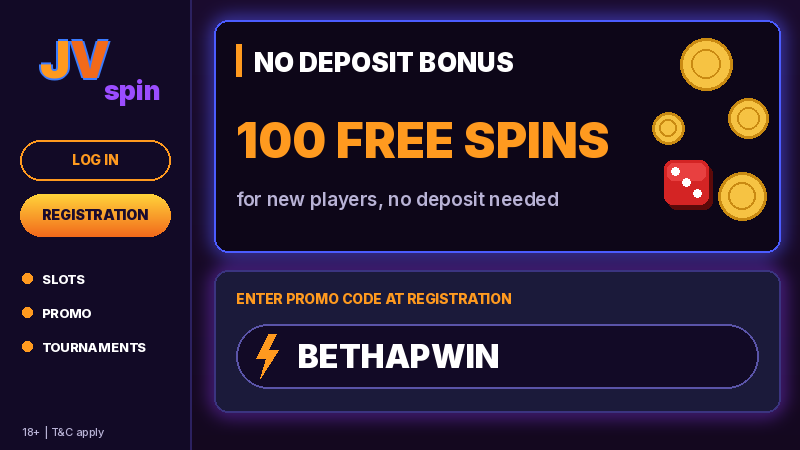 JVSpin no deposit bonus of 100 free spins with promo code BETHAPWIN