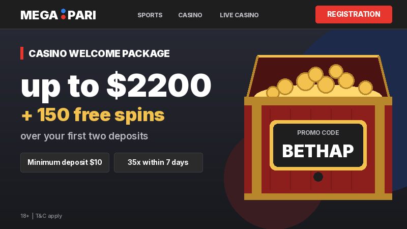 Megapari casino welcome package up to $2200 + 150 free spins with promo code BETHAP