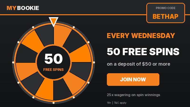 MyBookie Wednesday free spins: 50 free spins with promo code BETHAP