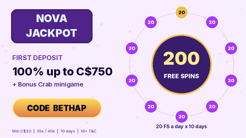 NovaJackpot first deposit 200 free spins and Bonus Crab with BETHAP