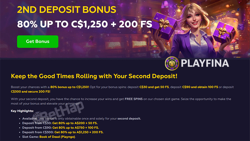 Playfina's Second Deposit Bonus - 80% + Up to 200 Free Spins