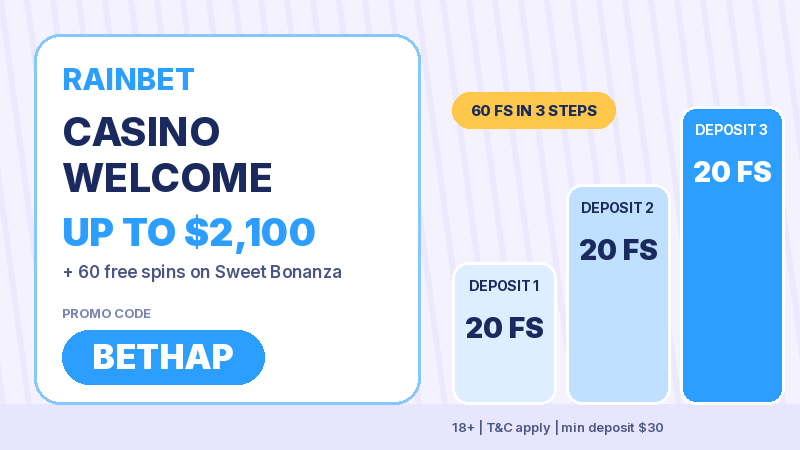 Rainbet casino welcome up to 2100 dollars plus 60 free spins with BETHAP