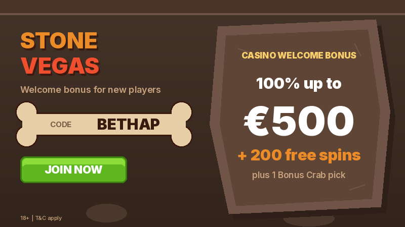 StoneVegas casino welcome bonus up to €500 + 200 free spins with promo code BETHAP