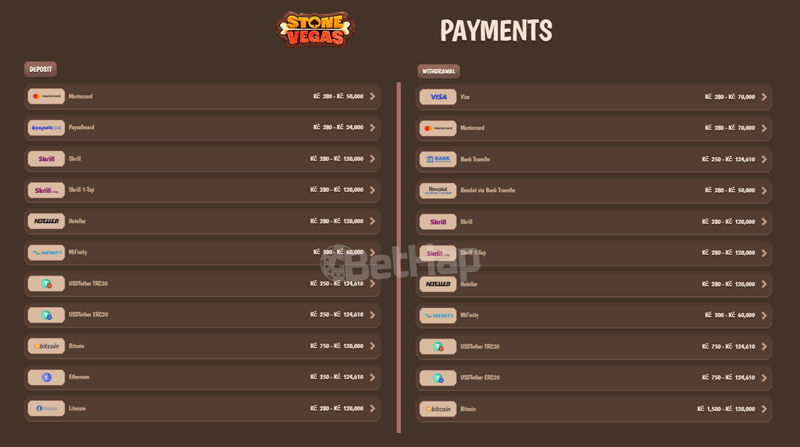 Stonevegas Payment Methods